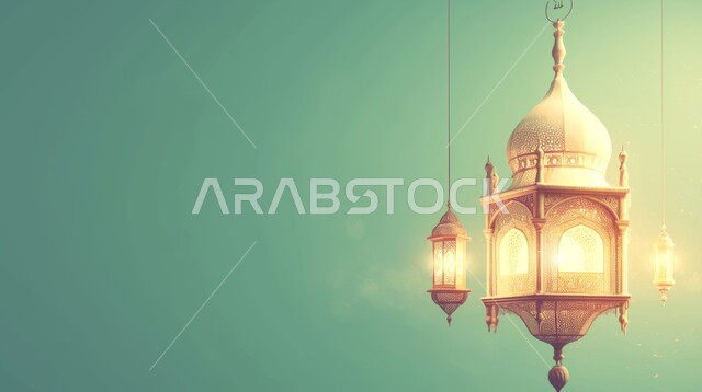تحف واكسسوارت متميزة، البهجة بقدوم شهر الخير، ديكورات وزينة رمضان المبارك, الأجواء الروحانية والاحتفال بالمناسبات والأعياد الدينية الاسلامية، صورة مقربة لفانوس معلق معدني تقليدي مضيء، خلفية ملونة
