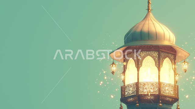 تحف واكسسوارت متميزة، البهجة بقدوم شهر الخير، ديكورات وزينة رمضان المبارك, الأجواء الروحانية والاحتفال بالمناسبات والأعياد الدينية الاسلامية، صورة مقربة لفانوس معلق معدني تقليدي مضيء، خلفية ملونة