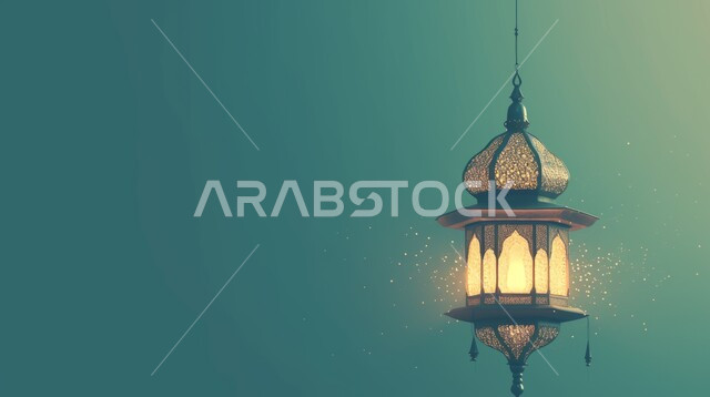 تحف واكسسوارت متميزة، البهجة بقدوم شهر الخير، ديكورات وزينة رمضان المبارك, الأجواء الروحانية والاحتفال بالمناسبات والأعياد الدينية الاسلامية، صورة مقربة لفانوس معلق معدني تقليدي مضيء، خلفية ملونة
