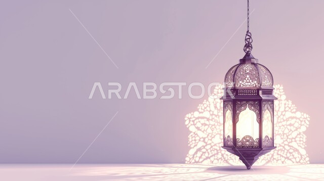تحف واكسسوارت متميزة، البهجة بقدوم شهر الخير، ديكورات وزينة رمضان المبارك, الأجواء الروحانية والاحتفال بالمناسبات والأعياد الدينية الاسلامية، صورة مقربة لفانوس معلق معدني تقليدي مضيء، خلفية ملونة