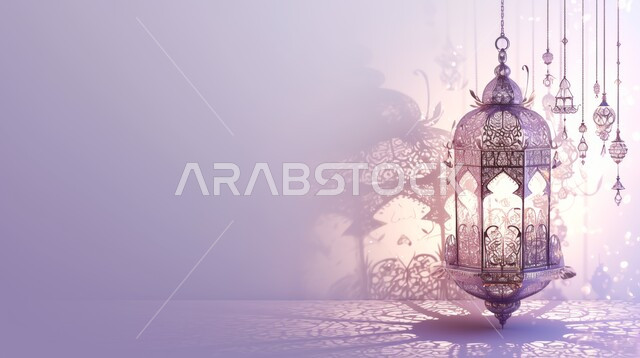 تحف واكسسوارت متميزة، البهجة بقدوم شهر الخير، ديكورات وزينة رمضان المبارك, الأجواء الروحانية والاحتفال بالمناسبات والأعياد الدينية الاسلامية، صورة مقربة لفانوس معلق معدني تقليدي مضيء، خلفية ملونة