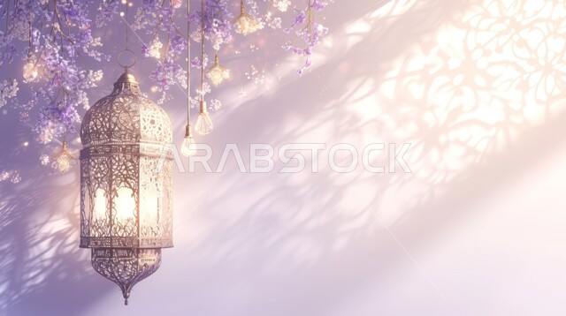 تحف واكسسوارت متميزة، البهجة بقدوم شهر الخير، ديكورات وزينة رمضان المبارك, الأجواء الروحانية والاحتفال بالمناسبات والأعياد الدينية الاسلامية، صورة مقربة لفانوس معلق معدني تقليدي مضيء، خلفية ملونة