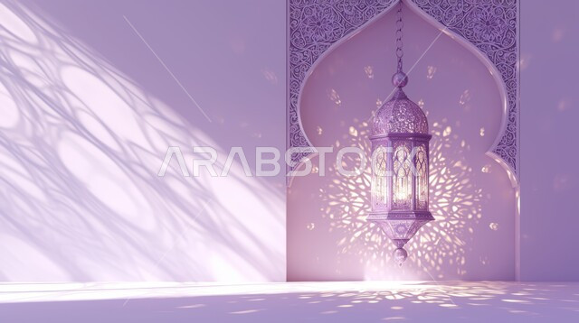 Distinctive antiques and accessories, the joy of the coming of the month of goodness, Ramadan decorations and ornaments, the spiritual atmosphere and celebration of Islamic religious occasions and holidays, a close-up of a traditional illuminated metal hanging lantern, a colorful background