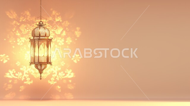 تحف واكسسوارت متميزة، البهجة بقدوم شهر الخير، ديكورات وزينة رمضان المبارك, الأجواء الروحانية والاحتفال بالمناسبات والأعياد الدينية الاسلامية، صورة مقربة لفانوس معلق معدني تقليدي مضيء، خلفية ملونة