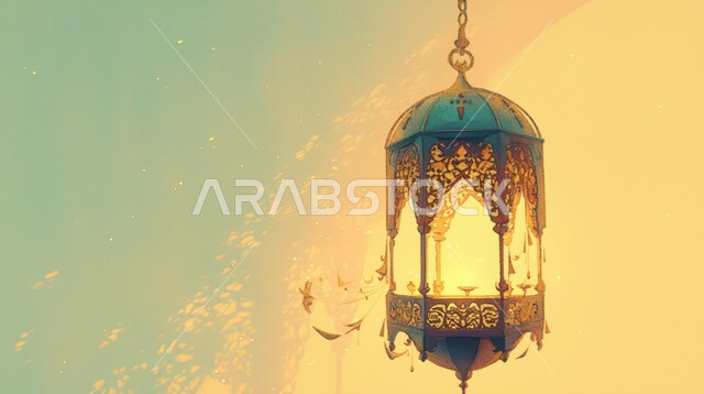 تحف واكسسوارت متميزة، البهجة بقدوم شهر الخير، ديكورات وزينة رمضان المبارك, الأجواء الروحانية والاحتفال بالمناسبات والأعياد الدينية الاسلامية، صورة مقربة لفانوس معلق معدني تقليدي مضيء، خلفية ملونة