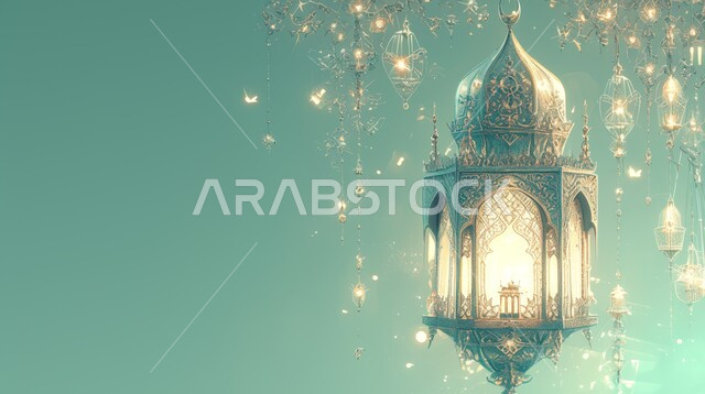 تحف واكسسوارت متميزة، البهجة بقدوم شهر الخير، ديكورات وزينة رمضان المبارك, الأجواء الروحانية والاحتفال بالمناسبات والأعياد الدينية الاسلامية، صورة مقربة لفانوس معلق معدني تقليدي مضيء، خلفية ملونة