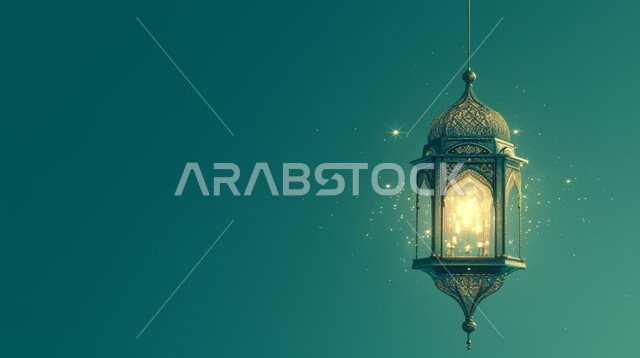 Distinctive antiques and accessories, the joy of the coming of the month of goodness, Ramadan decorations and ornaments, the spiritual atmosphere and celebration of Islamic religious occasions and holidays, a close-up of a traditional illuminated metal hanging lantern, a colorful background
