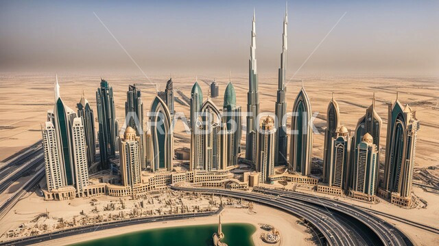 The concept of developing and improving infrastructure, an imaginary view of urban progress and growth, modern architectural designs and arts of towers and skyscrapers in the United Arab Emirates, building a developed civilized future in Dubai, high-rise commercial buildings and facilities overlooking the sea