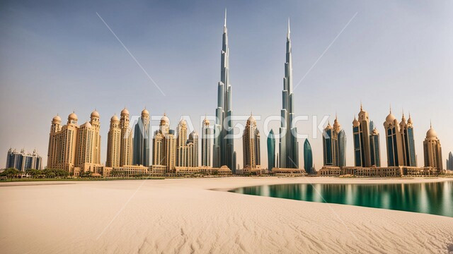 منظر تخيلي للتقدم والنمو العمراني، التصاميم والفنون المعمارية الحديثة للأبراج وناطحات السحاب في الامارات العربية المتحدة، بناء مستقبل حضاري متطور في دبي، المباني والمنشآت التجارية الشاهقة المطلة على البحر، مفهوم تطوير وتحسين البنية التحتية
