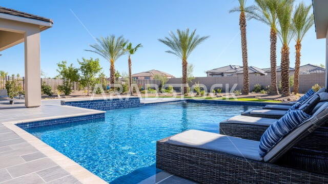 الشاليهات والفنادق والمنتجعات الفاخرة، الفن الهندسي المعماري على الطراز الحديث، حوض السباحة الأزرق في حديقة مجمع سكني، تصاميم عصرية متميزة، الاهتمام في زراعه اشجار النخيل والنباتات الخضراء