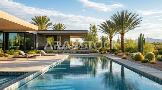 الشاليهات والفنادق والمنتجعات الفاخرة، الفن الهندسي المعماري على الطراز الحديث، حوض السباحة الأزرق في حديقة مجمع سكني، تصاميم عصرية متميزة، الاهتمام في زراعه اشجار النخيل والنباتات الخضراء