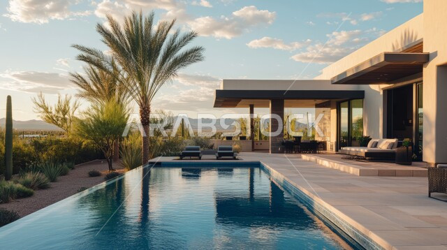الشاليهات والفنادق والمنتجعات الفاخرة، الفن الهندسي المعماري على الطراز الحديث، حوض السباحة الأزرق في حديقة مجمع سكني، تصاميم عصرية متميزة، الاهتمام في زراعه اشجار النخيل والنباتات الخضراء