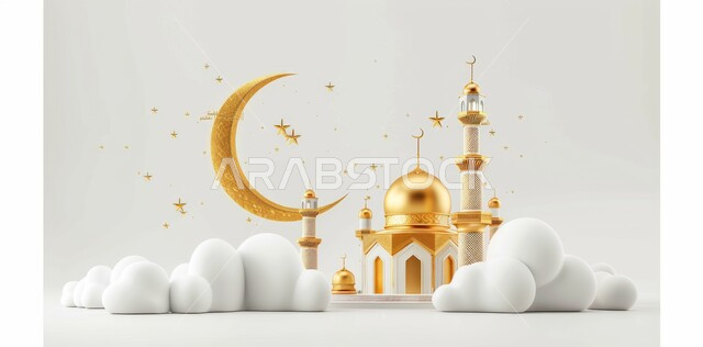 رسوم توضيحية ثلاثية الابعاد للمآذن والقبب المزخرفه للمساجد الإسلامية، قدوم شهر الخير، صورة بانورامية للديكورات المميزة في رمضان المبارك، العبادة والتقرب إلى الله تعالى، زينة الاعياد والمناسبات الدينية