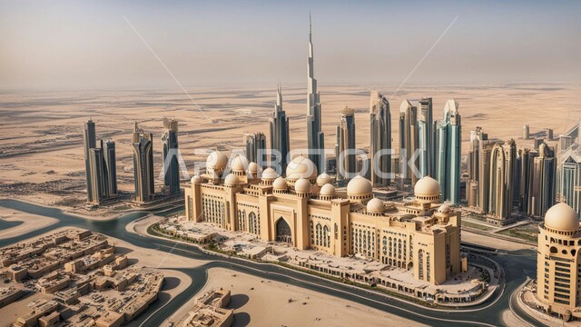 Building a developed civilized future in Dubai, tall commercial buildings and facilities, the concept of developing and improving infrastructure, an imaginary view of urban progress and growth, modern architectural designs and arts of towers and skyscrapers in the United Arab Emirates