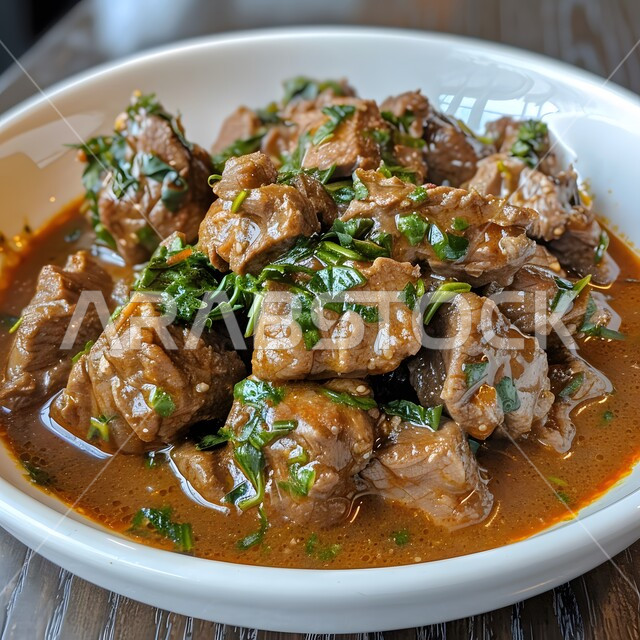 Beef soup with vegetables in a clay pot, a dish of grilled meat pieces with delicious sauce, meats decorated with fresh chopped vegetables, delicious food recipes and dishes, delicious meals, the art of presentation in Asian restaurants