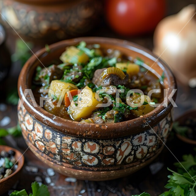 شوربة لحم البقر مع الخضار بالفخارة، طبق من قطع اللحم المشوحة مع الصوص اللذيذ, لحومات مزينة بالخضروات الطازجة المقطعة, وصفات وأطباق طعام لذيذة، وجبات الطعام الشهية، فن التقديم في مطاعم المأكولات الآسيوية