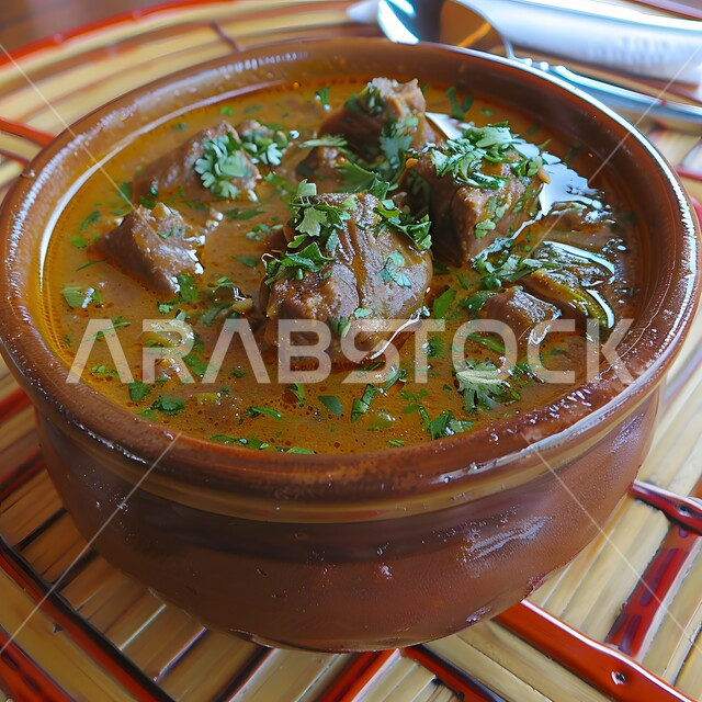 شوربة لحم البقر مع الخضار بالفخارة، طبق من قطع اللحم المشوحة مع الصوص اللذيذ, لحومات مزينة بالخضروات الطازجة المقطعة, وصفات وأطباق طعام لذيذة، وجبات الطعام الشهية، فن التقديم في مطاعم المأكولات الآسيوية