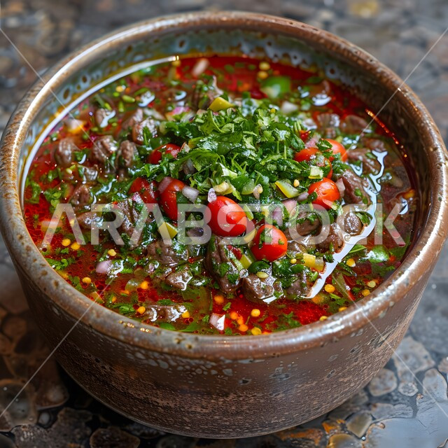 شوربة لحم البقر مع الخضار بالفخارة، طبق من قطع اللحم المشوحة مع الصوص اللذيذ, لحومات مزينة بالخضروات الطازجة المقطعة, وصفات وأطباق طعام لذيذة، وجبات الطعام الشهية، فن التقديم في مطاعم المأكولات الآسيوية