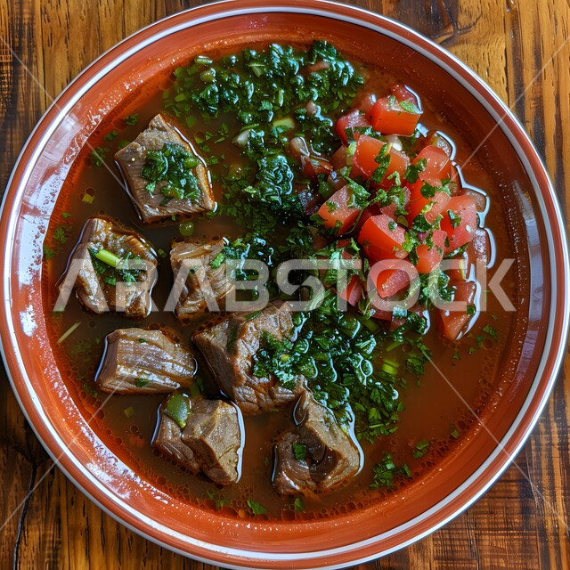 شوربة لحم البقر مع الخضار بالفخارة، طبق من قطع اللحم المشوحة مع الصوص اللذيذ, لحومات مزينة بالخضروات الطازجة المقطعة, وصفات وأطباق طعام لذيذة، وجبات الطعام الشهية، فن التقديم في مطاعم المأكولات الآسيوية