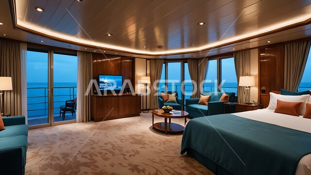 نوافذ زجاجية كبيرة مطلة على البحر, تحف واكسسوارات فاخرة لغرف النوم، سرير مريح وأثاث منزلي راقي، الفلل والشقق السكنية في المملكة العربية السعودية, ديكور داخلي وتصميم عصري على الطراز الحديث للبيوت