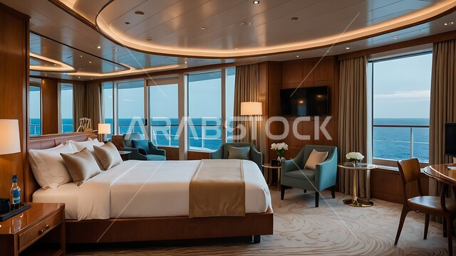 نوافذ زجاجية كبيرة مطلة على البحر, تحف واكسسوارات فاخرة لغرف النوم، سرير مريح وأثاث منزلي راقي، الفلل والشقق السكنية في المملكة العربية السعودية, ديكور داخلي وتصميم عصري على الطراز الحديث للبيوت