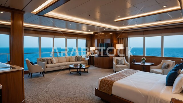 ديكور داخلي وتصميم عصري على الطراز الحديث للبيوت، نوافذ زجاجية كبيرة مطلة على البحر، تحف واكسسوارات فاخرة لغرف النوم، سرير مريح وأثاث منزلي راقي، الفلل والشقق السكنية في المملكة العربية السعودية