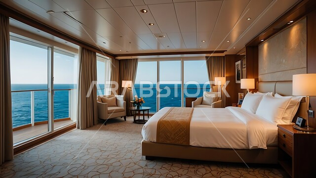 ديكور داخلي وتصميم عصري على الطراز الحديث للبيوت، نوافذ زجاجية كبيرة مطلة على البحر، تحف واكسسوارات فاخرة لغرف النوم، سرير مريح وأثاث منزلي راقي، الفلل والشقق السكنية في المملكة العربية السعودية