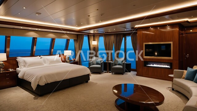 ديكور داخلي وتصميم عصري على الطراز الحديث للبيوت، نوافذ زجاجية كبيرة مطلة على البحر، تحف واكسسوارات فاخرة لغرف النوم، سرير مريح وأثاث منزلي راقي، الفلل والشقق السكنية في المملكة العربية السعودية