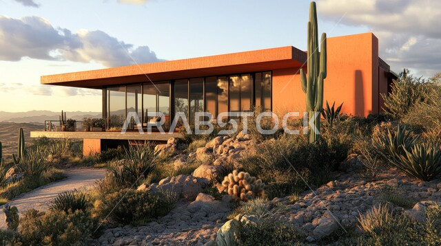 منزل على الطراز الحديث يقع وسط الصحراء، الشوكيات والأعشاب البرية في المناطق الصحراوية،  البراري والمناظر الطبيعية في صحراء المملكة العربية السعودية، الفن الهندسي المعماري المتميز