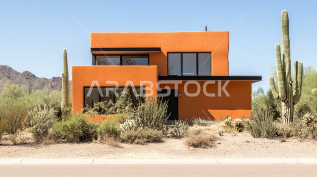 منزل على الطراز الحديث يقع وسط الصحراء، الشوكيات والأعشاب البرية في المناطق الصحراوية،  البراري والمناظر الطبيعية في صحراء المملكة العربية السعودية، الفن الهندسي المعماري المتميز