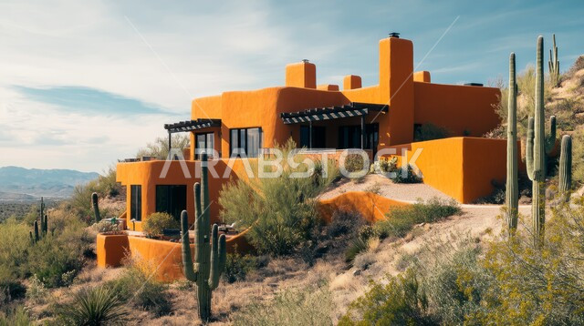 منزل على الطراز الحديث يقع وسط الصحراء، الشوكيات والأعشاب البرية في المناطق الصحراوية،  البراري والمناظر الطبيعية في صحراء المملكة العربية السعودية، الفن الهندسي المعماري المتميز