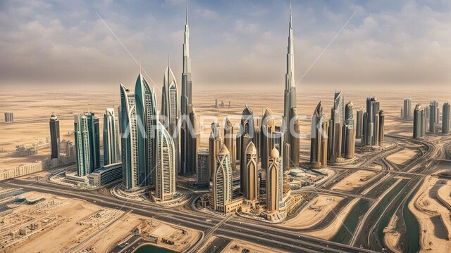 The concept of developing and improving infrastructure, an imaginary view of urban progress and growth, modern architectural designs and arts for towers and skyscrapers in the United Arab Emirates, Building a Modern Civilized Future in Dubai, High-rise commercial buildings and facilities