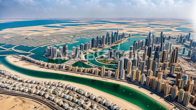 Building a developed civilized future in Dubai, tall commercial buildings and facilities overlooking the sea, the concept of developing and improving infrastructure, an imaginary view of urban progress and growth, modern architectural designs and arts of towers and skyscrapers in the United Arab Emirates