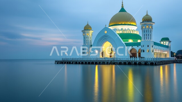 ديكورات وتصاميم متميزة على الطراز الاسلامي للقبب والمآذن المضيئة ليلا، الفن الهندسي المعماري للمساجد المطلة على مياه البحر، مسجد عربي فاخر، العبادة والتقرب إلى الله، آداء الفرائض والصلوات، خلفيات دينية رمضانية