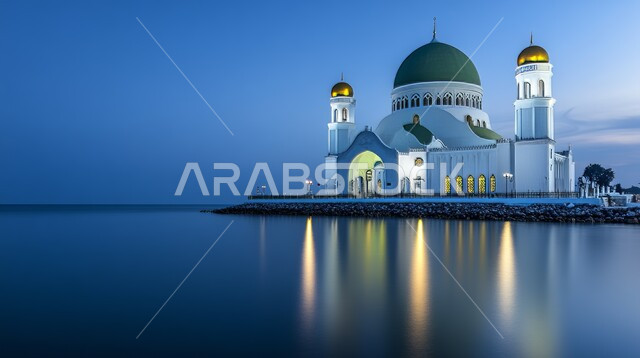 ديكورات وتصاميم متميزة على الطراز الاسلامي للقبب والمآذن المضيئة ليلا، الفن الهندسي المعماري للمساجد المطلة على مياه البحر، مسجد عربي فاخر، العبادة والتقرب إلى الله، آداء الفرائض والصلوات، خلفيات دينية رمضانية