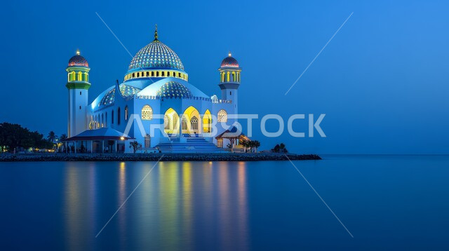 ديكورات وتصاميم متميزة على الطراز الاسلامي للقبب والمآذن المضيئة ليلا، الفن الهندسي المعماري للمساجد المطلة على مياه البحر، مسجد عربي فاخر، العبادة والتقرب إلى الله، آداء الفرائض والصلوات، خلفيات دينية رمضانية