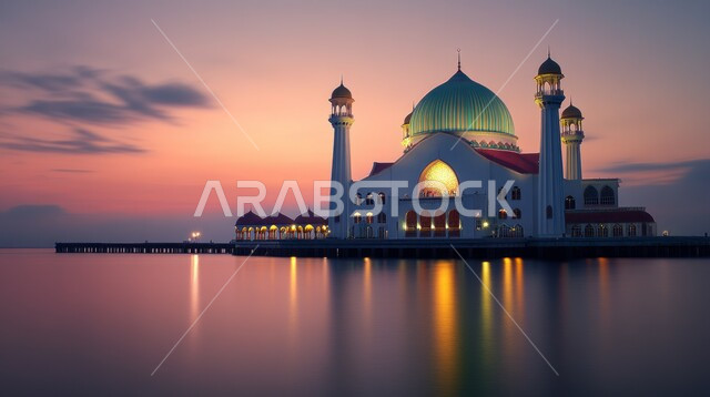 ديكورات وتصاميم متميزة على الطراز الاسلامي للقبب والمآذن المضيئة ليلا، الفن الهندسي المعماري للمساجد المطلة على مياه البحر، مسجد عربي فاخر، العبادة والتقرب إلى الله، آداء الفرائض والصلوات، خلفيات دينية رمضانية