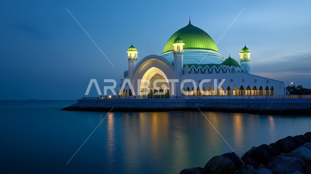 ديكورات وتصاميم متميزة على الطراز الاسلامي للقبب والمآذن المضيئة ليلا، الفن الهندسي المعماري للمساجد المطلة على مياه البحر، مسجد عربي فاخر، العبادة والتقرب إلى الله، آداء الفرائض والصلوات، خلفيات دينية رمضانية