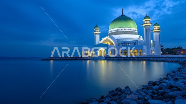 ديكورات وتصاميم متميزة على الطراز الاسلامي للقبب والمآذن المضيئة ليلا، الفن الهندسي المعماري للمساجد المطلة على مياه البحر، مسجد عربي فاخر، العبادة والتقرب إلى الله، آداء الفرائض والصلوات، خلفيات دينية رمضانية