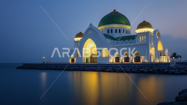 ديكورات وتصاميم متميزة على الطراز الاسلامي للقبب والمآذن المضيئة ليلا، الفن الهندسي المعماري للمساجد المطلة على مياه البحر، مسجد عربي فاخر، العبادة والتقرب إلى الله، آداء الفرائض والصلوات، خلفيات دينية رمضانية