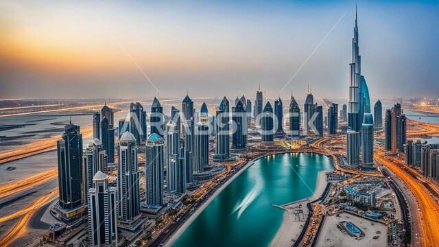 منظر تخيلي للتقدم والنمو العمراني، التصاميم والفنون المعمارية الحديثة للأبراج وناطحات السحاب في الامارات العربية المتحدة، بناء مستقبل حضاري متطور في دبي، المباني والمنشآت التجارية الشاهقة المطلة على البحر، مفهوم تطوير وتحسين البنية التحتية