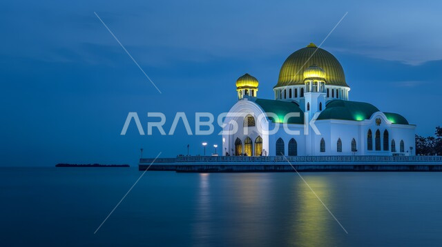 ديكورات وتصاميم متميزة على الطراز الاسلامي للقبب والمآذن المضيئة ليلا، الفن الهندسي المعماري للمساجد المطلة على مياه البحر، مسجد عربي فاخر، العبادة والتقرب إلى الله، آداء الفرائض والصلوات، خلفيات دينية رمضانية