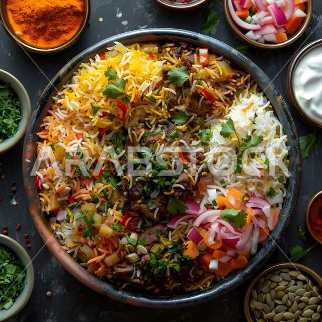 طبق أرز شرق أوسطي عطري مع اللحوم والخضروات، فنون تقديم الأطعمة الأطعمة الشرقية، وصفات وأطباق طعام شعبية لذيذة، مطاعم للمأكولات العربية الخليجية السعودية المشهورة،  طرق مميزة لتقديم الطعام، وجبات صحية بطرائق شهية 