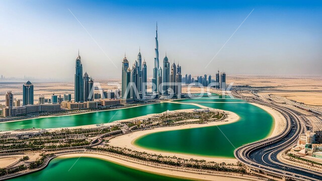 المباني والمنشآت التجارية الشاهقة المطلة على البحر، مفهوم تطوير وتحسين البنية التحتية، منظر تخيلي للتقدم والنمو العمراني، التصاميم والفنون المعمارية الحديثة للأبراج وناطحات السحاب في الامارات العربية المتحدة، بناء مستقبل حضاري متطور في دبي