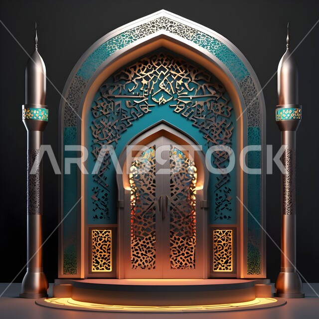 الأقواس والأعمدة بديكورات وتصاميم داخلية على الطراز الإسلامي باللون الأزرق والذهبي ،أماكن دينية مقدسة ،العبادة والتقرب الى الله ،الزخارف والنقوش الإسلامية ،محراب ومنبر للصلاة في أحد المساجد في المملكة العربية السعودية ،أداء الفرائض والصلوات ،دمج الحضارة مع الأصالة