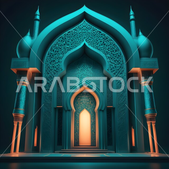 الأقواس والأعمدة بديكورات وتصاميم داخلية على الطراز الإسلامي باللون الأزرق والذهبي ،أماكن دينية مقدسة ،العبادة والتقرب الى الله ،الزخارف والنقوش الإسلامية ،محراب ومنبر للصلاة في أحد المساجد في المملكة العربية السعودية ،أداء الفرائض والصلوات ،دمج الحضارة مع الأصالة
