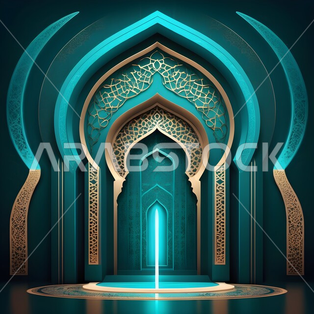 الأقواس والأعمدة بديكورات وتصاميم داخلية على الطراز الإسلامي باللون الأزرق والذهبي ،أماكن دينية مقدسة ،العبادة والتقرب الى الله ،الزخارف والنقوش الإسلامية ،محراب ومنبر للصلاة في أحد المساجد في المملكة العربية السعودية ،أداء الفرائض والصلوات ،دمج الحضارة مع الأصالة