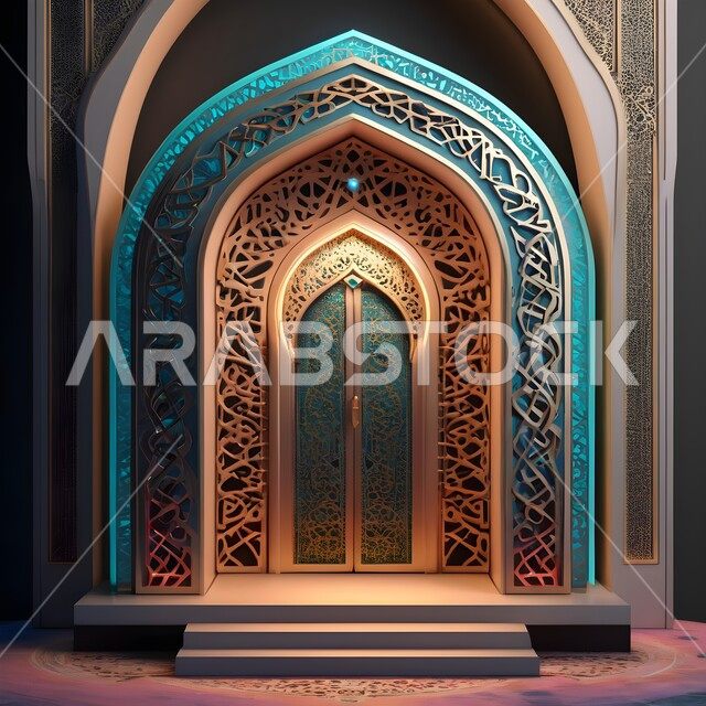 الأقواس والأعمدة بديكورات وتصاميم داخلية على الطراز الإسلامي باللون الأزرق والذهبي ،أماكن دينية مقدسة ،العبادة والتقرب الى الله ،الزخارف والنقوش الإسلامية ،محراب ومنبر للصلاة في أحد المساجد في المملكة العربية السعودية ،أداء الفرائض والصلوات ،دمج الحضارة مع الأصالة