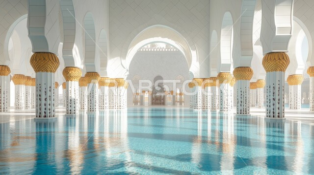 الديكورات والتصاميم الداخلية المتميزة على الطراز الاسلامي، الفن الهندسي المعماري لأعمدة وجدران المساجد، مسجد عربي فاخر باللون الأبيض، العبادة والتقرب إلى الله، آداء الفرائض والصلوات، خلفيات دينية رمضانية