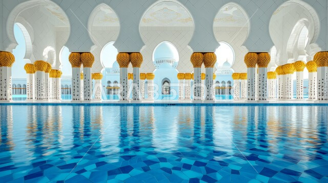 الديكورات والتصاميم الداخلية المتميزة على الطراز الاسلامي، الفن الهندسي المعماري لأعمدة وجدران المساجد، مسجد عربي فاخر باللون الأبيض، العبادة والتقرب إلى الله، آداء الفرائض والصلوات، خلفيات دينية رمضانية